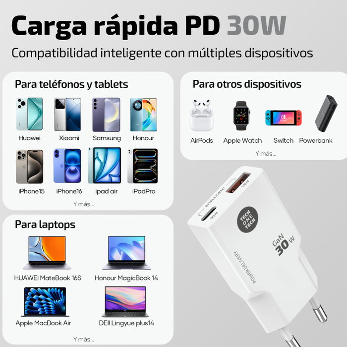 Tech One Tech Cargador de Pared GaN 30W TEC2231 con USB-C, USB-A y Cable Blanco Tech One Tech Cargador de Pared GaN 30W TEC2231 con USB-C, USB-A y Cable Blanco
